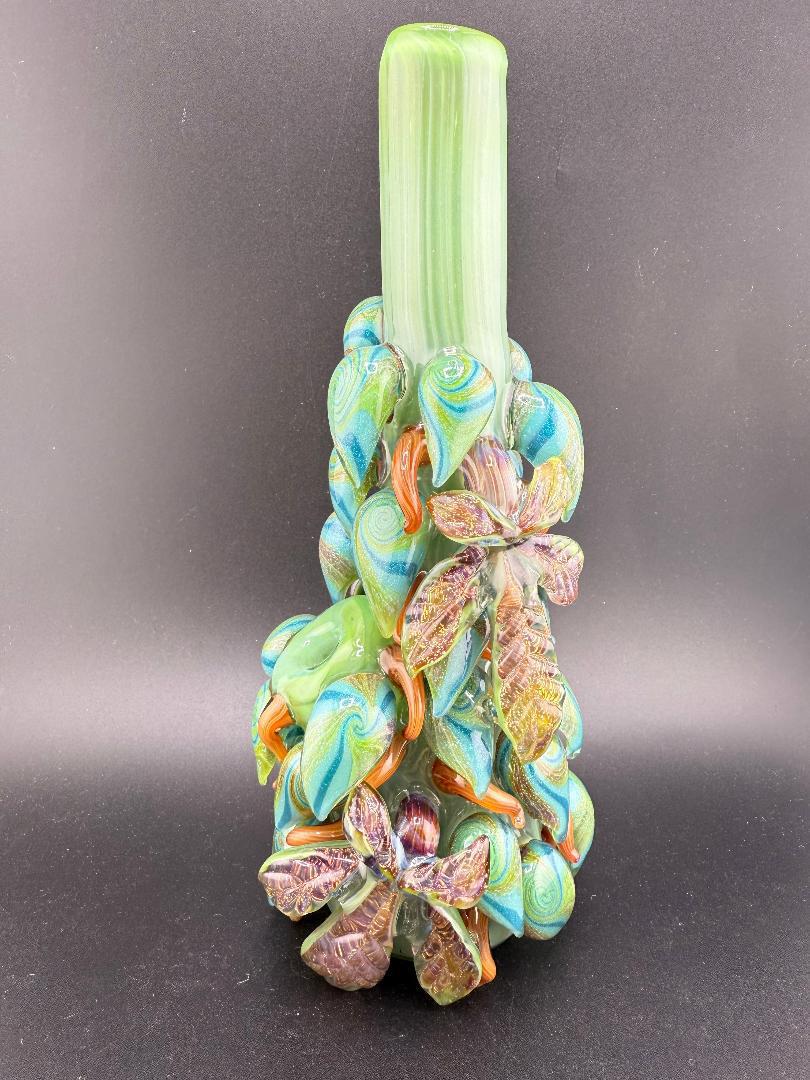Mr. Gray Glass Dichroic Leaf Nug Tube with vibrant colors and intricate leaf design, 10mm 55° joint, American-made art piece.