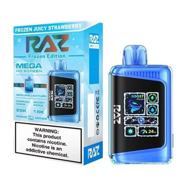 Raz 25 Frozen Edition Disposable Nicotine Vape with HD screen and Juicy Strawberry flavor.