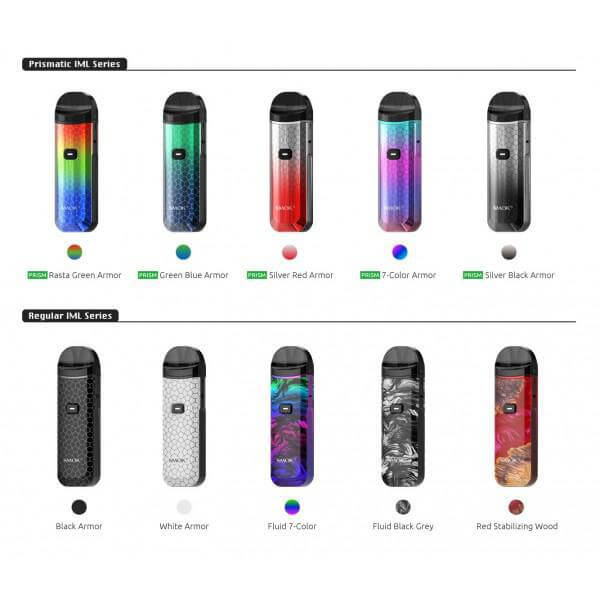 Display of Smok Nord Pro Kit colors, showcasing Prismatic and Regular IML Series options and designs.