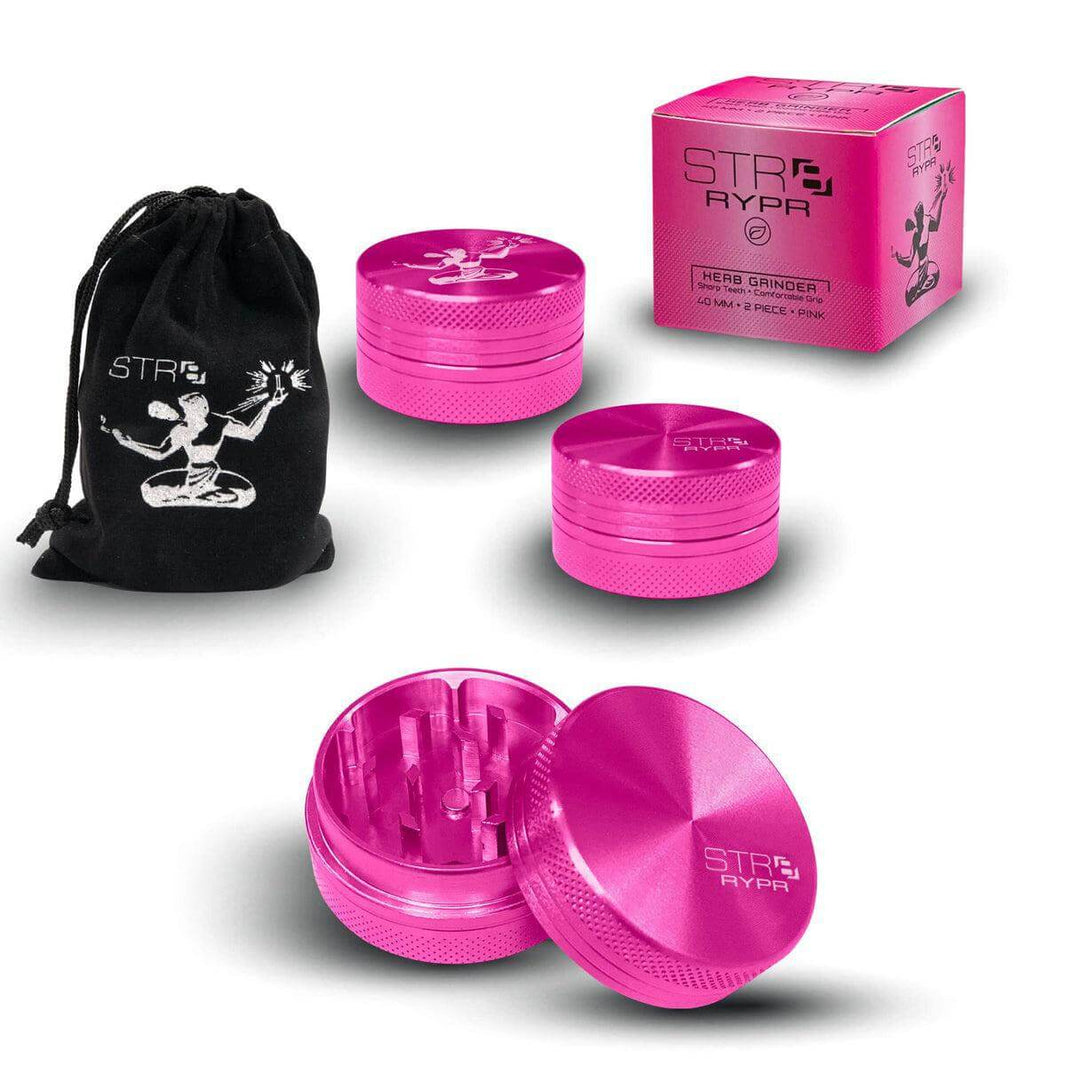 STR8 RYPR Herb Grinder 40mm 2-piece set in pink with carry pouch and packaging for smooth herb grinding.