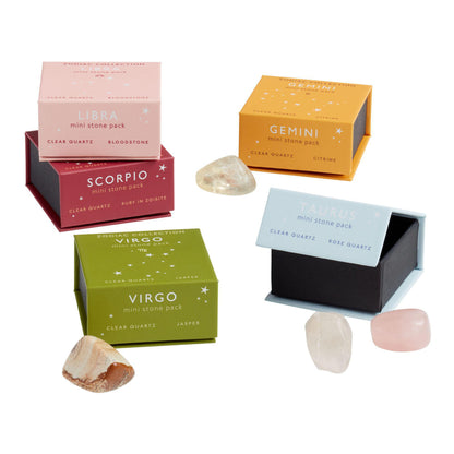 Geocentral Zodiac Collection Mini Stone Packs for Libra, Scorpio, Gemini, Taurus, and Virgo with natural crystals.