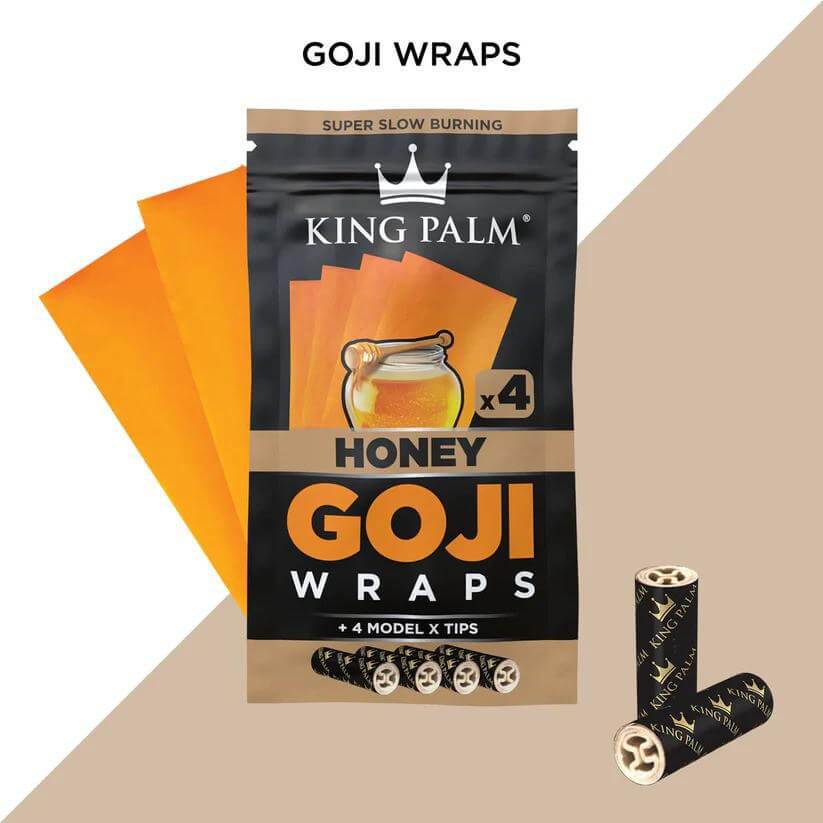 King Palm Honey Goji Wraps pack with four wraps and Model X tips, featuring vibrant orange packaging.