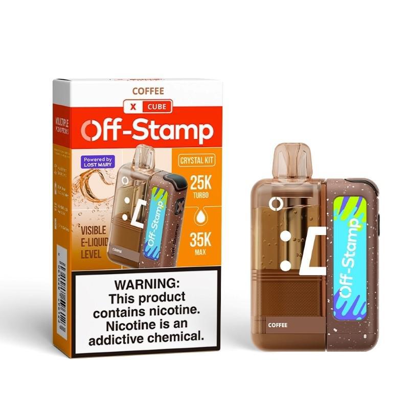 Off Stamp X-Cube  Crystal Kit 35k e-cigarette with coffee flavor packaging and warning label.