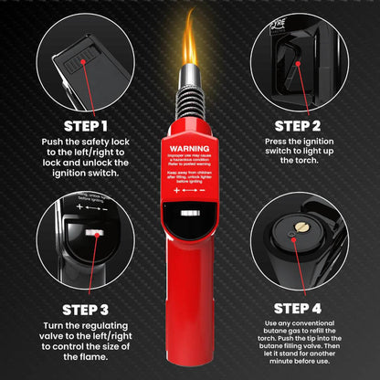 Instructions for using Smyle Fyre Gas Pump Torch: safety lock, ignition switch, flame control, and refilling guide.