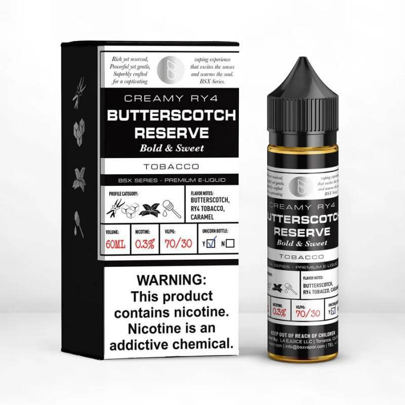 BSX Series 60ml Creamy RY4 Butterscotch Reserve e-liquid with tobacco and caramel flavors.