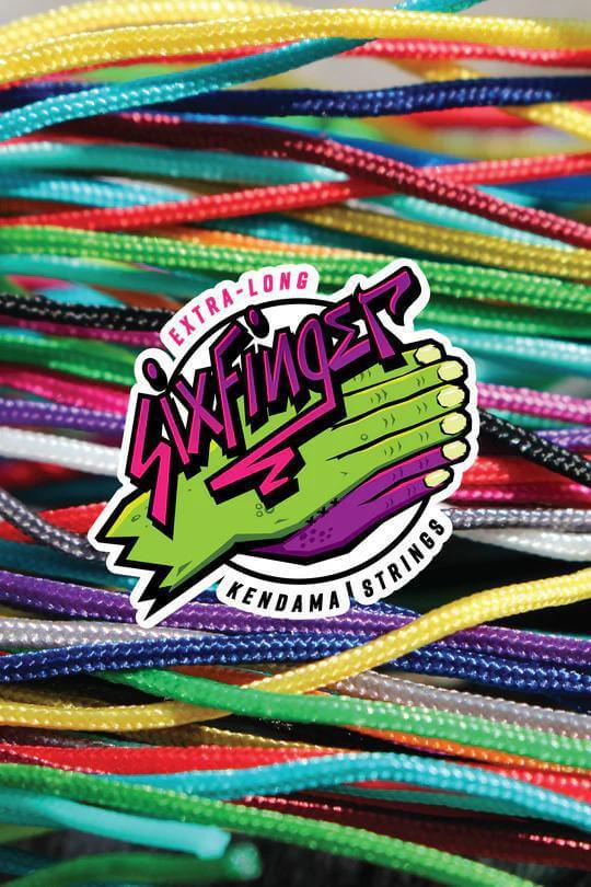 Colorful assortment of extra-long SixFinger Kendama strings with vibrant branding logo.