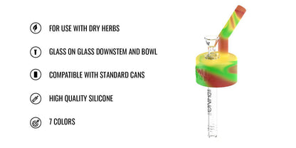 White Rhino Pop Top Rasta adapter with glass downstem, designed for dry herbs and compatible with standard cans.