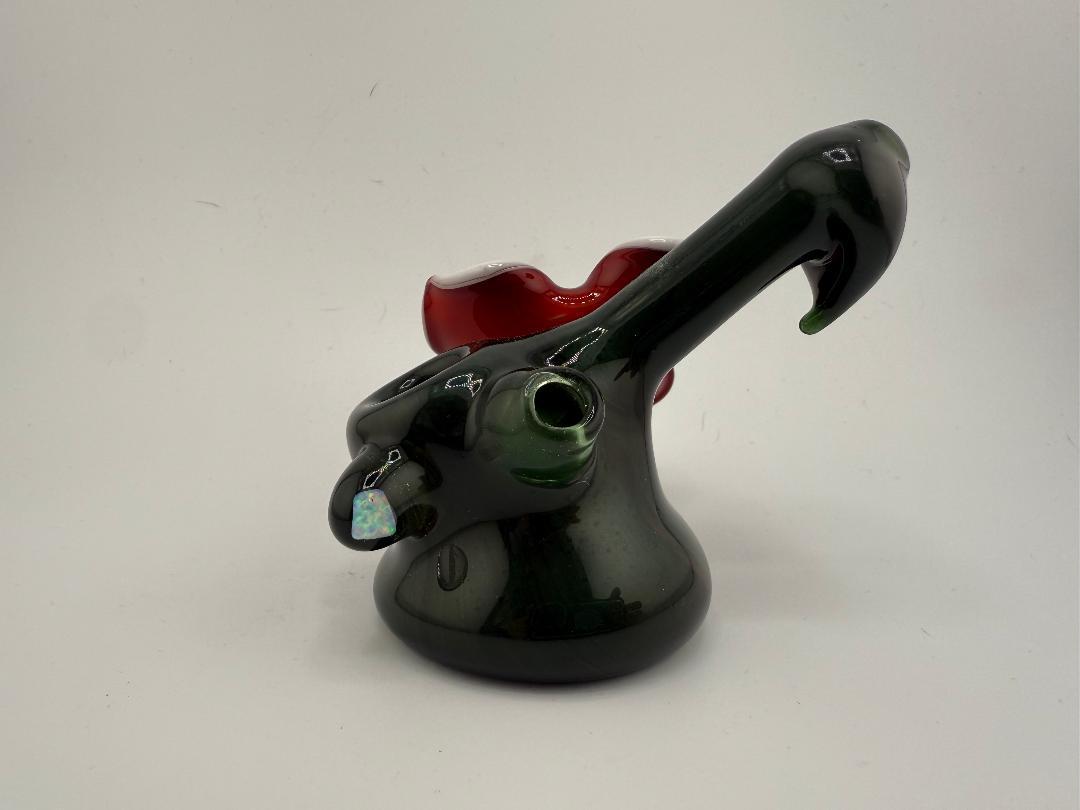 Highgrade Mike Glass Squatlock Pipe featuring a dark green body and vibrant red accents with intricate detail.