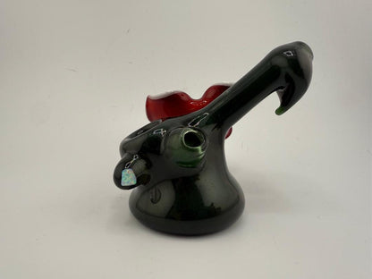 Highgrade Mike Glass Squatlock Pipe featuring a dark green body and vibrant red accents with intricate detail.