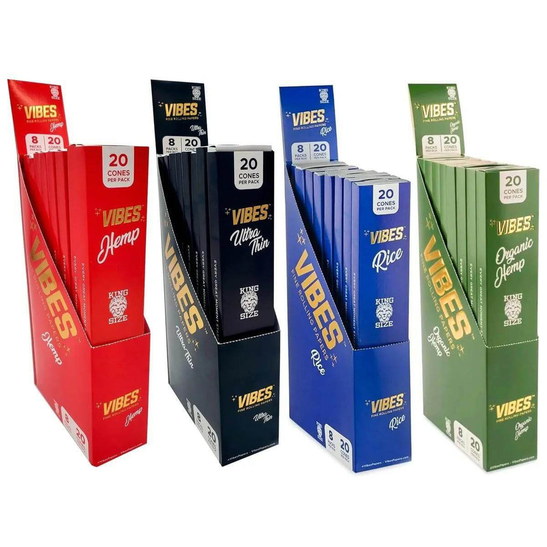 Vibes King Size Cones - 20 pack display featuring Rice, Hemp, Organic Hemp, Ultra Thin varieties.