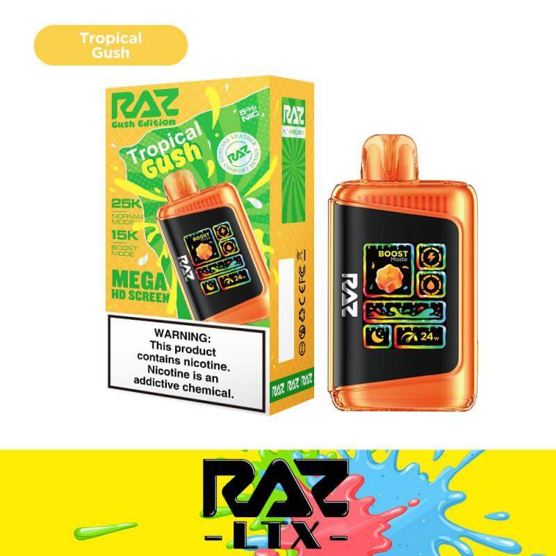 Raz Gush Edition Tropical Gush vape with 25K puffs and vibrant packaging, showcasing powerful features and flavor.