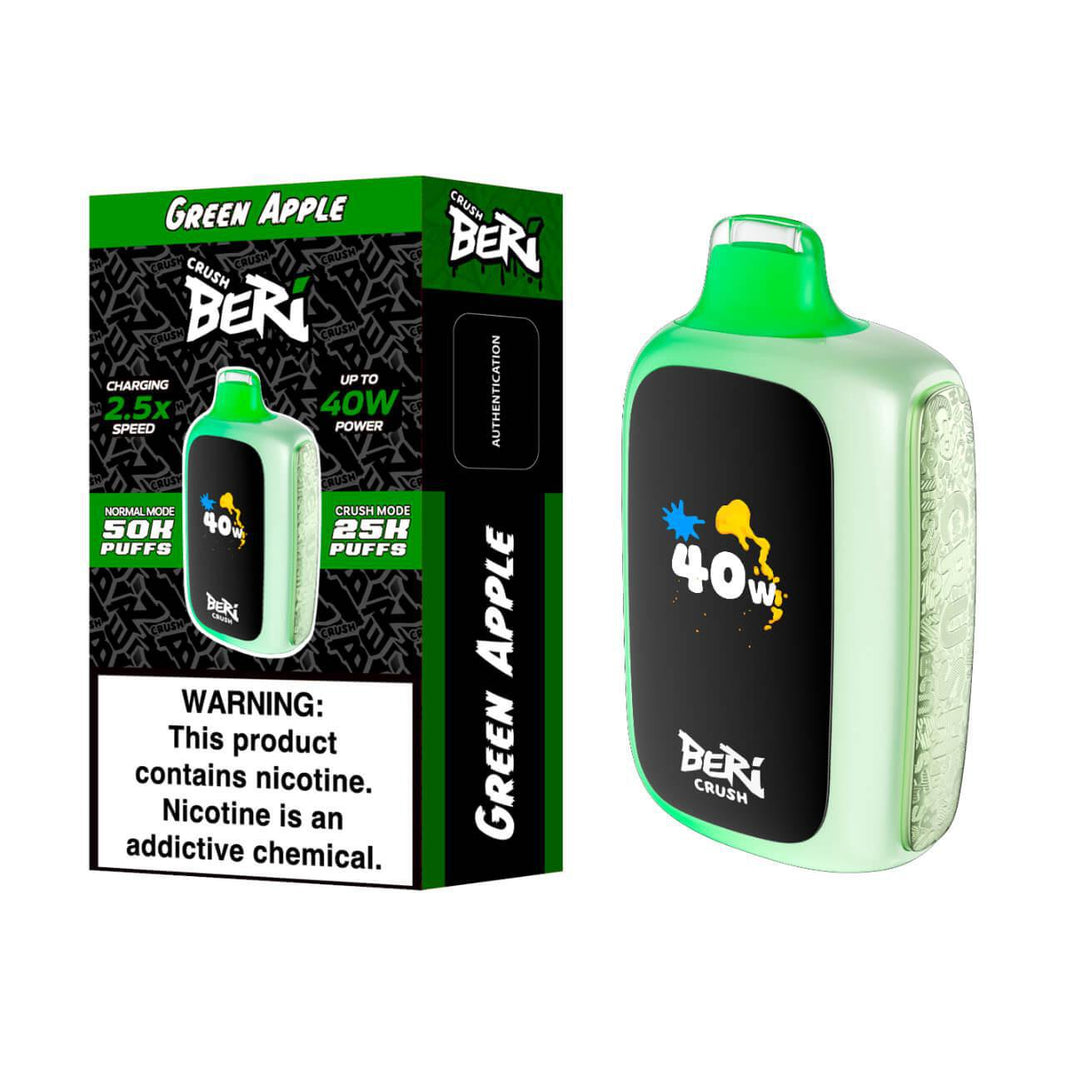 BERI CRUSH Green Apple Disposable Vape with 50,000 puffs and 40W power, featuring vibrant packaging.