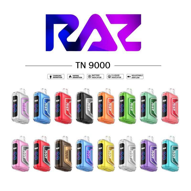 Variety of Raz TN9000 disposable nicotine vapes in multiple colors showcasing power and style.