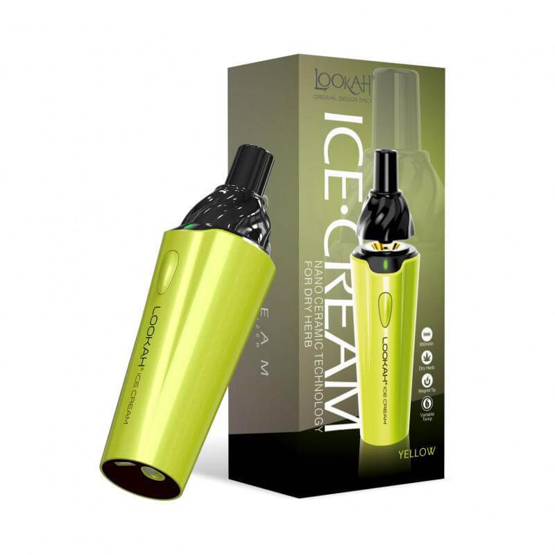 LOOKAH Ice Cream dry herb vaporizer in yellow with packaging, perfect for discreet and effective herb vaping.