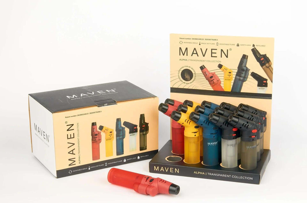 Maven Alpha Transparent Butane Torch collection with assorted colors and packaging, ideal for precision dabbing and culinary use.