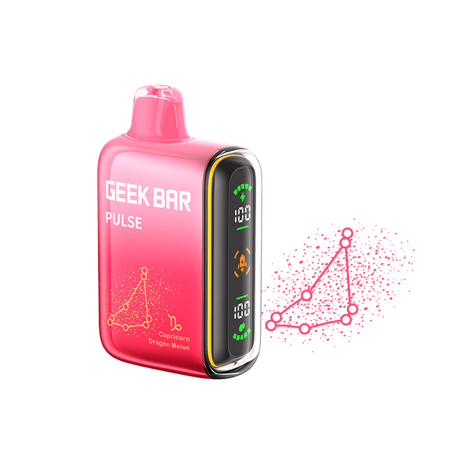 Geek Bar Pulse Zodiac Edition disposable vape in pink with Capricorn design and Dragon Melon flavor.