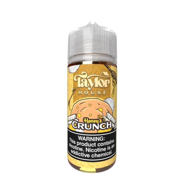 Taylor House E Liquids Honey Crunch flavor in a clear bottle with a warning label about nicotine.