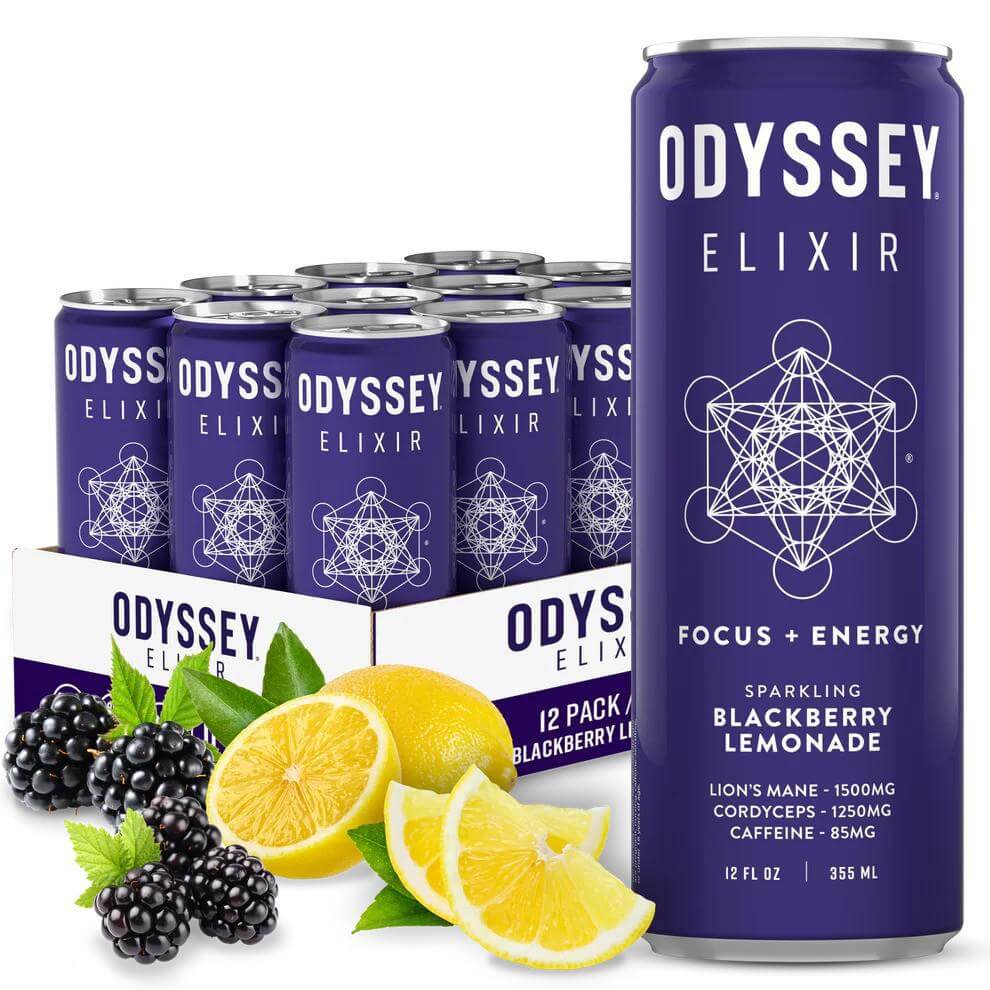 Odyssey Sparkling Blackberry Lemonade Energy Drink with Lion's Mane, Cordyceps, and 85mg caffeine in a vibrant can.