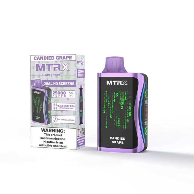 MTRX MX 25k Disposable Vape in Candied Grape flavor with packaging and dual HD screens.