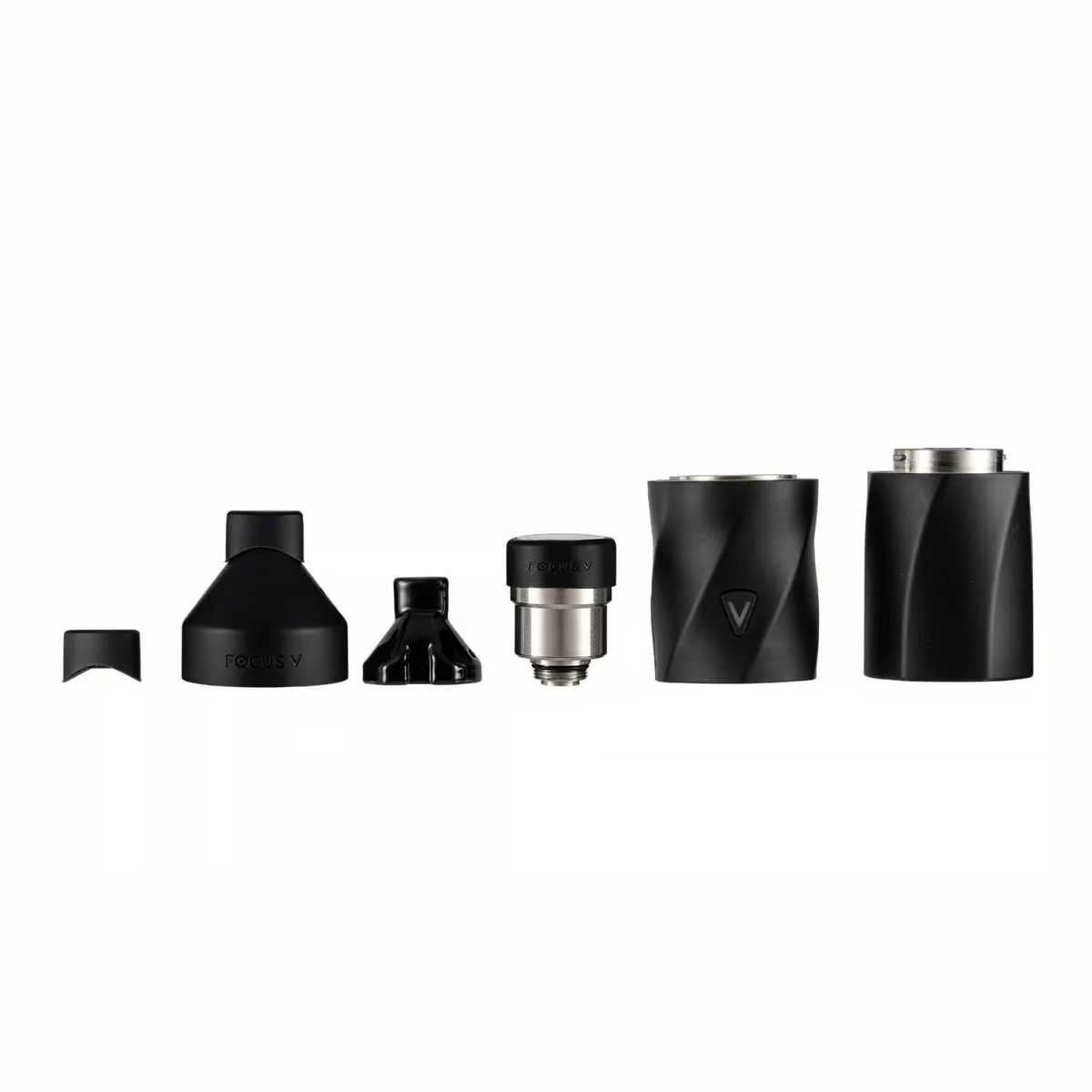 Focus V Aeris dabbing device components arranged for convenience and portability in a sleek black design.