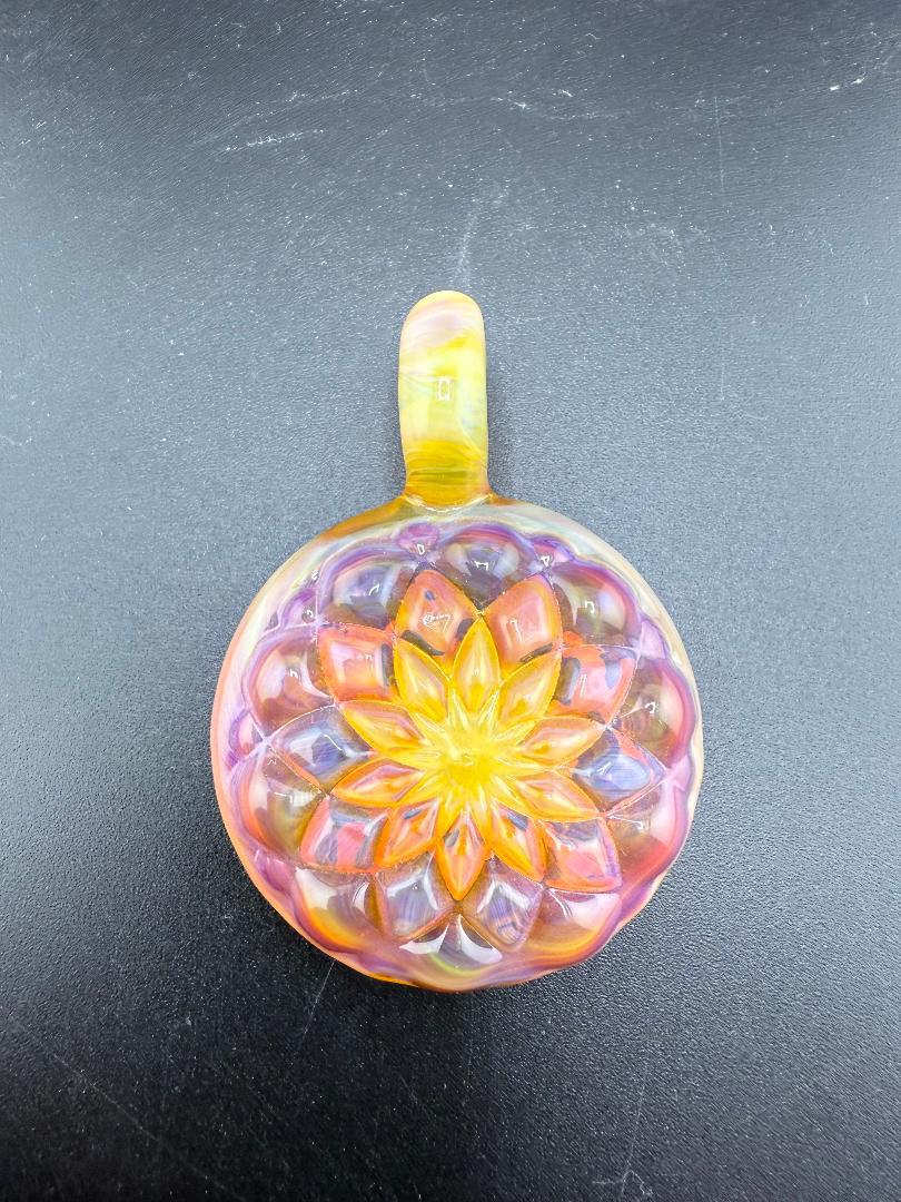 Mcdoogle Glass Retticello Molded Pendy pendant featuring detailed flower design and vibrant colors.