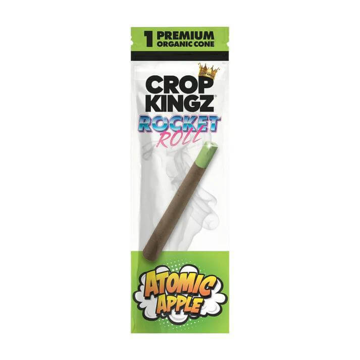 Crop Kingz Rocket Roll Wrap with Atomic Apple flavored candy tip, premium organic cone, single wrap packaging.