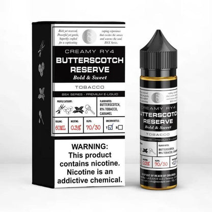 BSX Series 60ml Creamy RY4 Butterscotch Reserve e-liquid bottle with tobacco flavor.