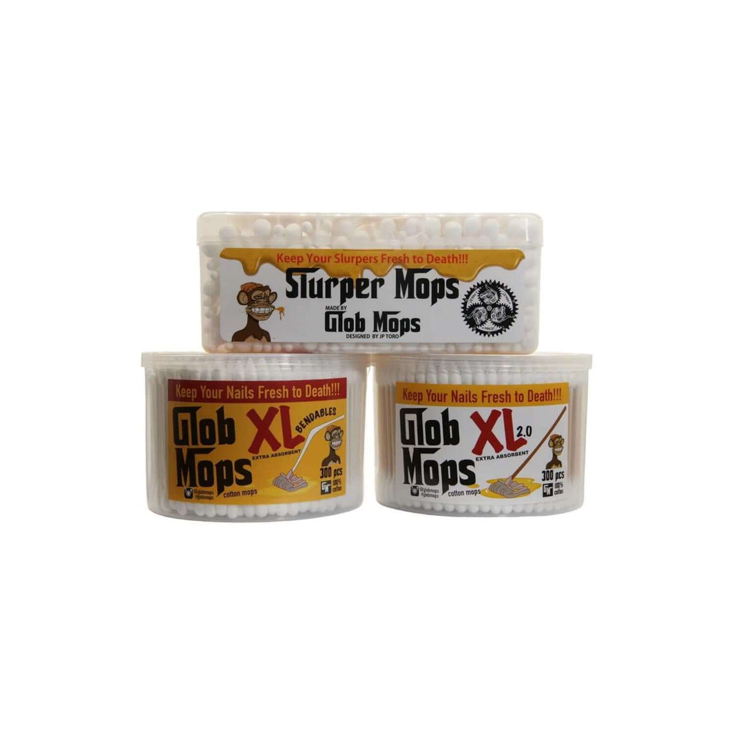 Glob Mops XL 2.0 and Slurper Mops eco-friendly cleaning swabs in packaging, ideal for superior absorption and tough cleaning.