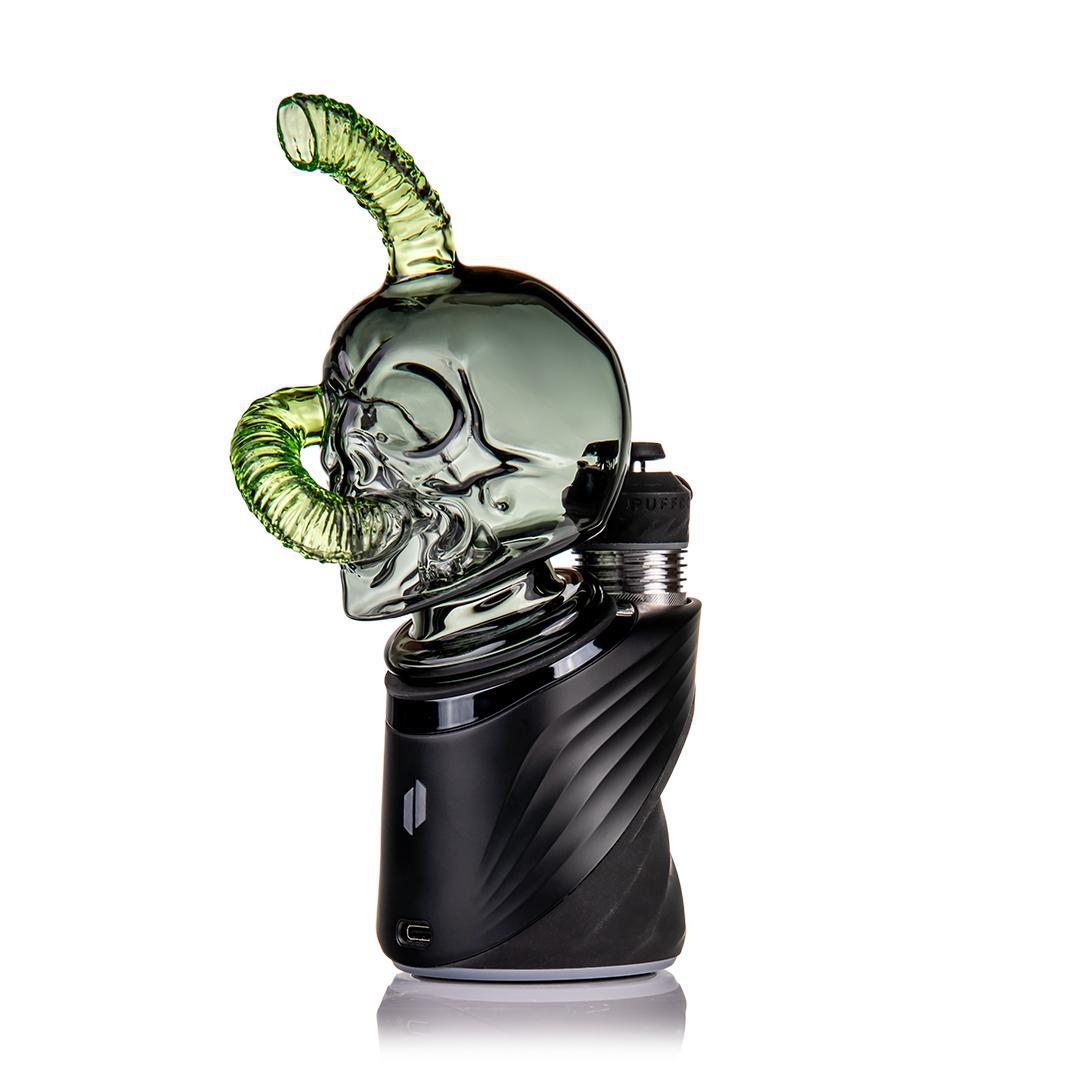 Grim Ripper Puffco Peak Top- Skull & Worm - COMING SOON with green skull and horn design on black device.