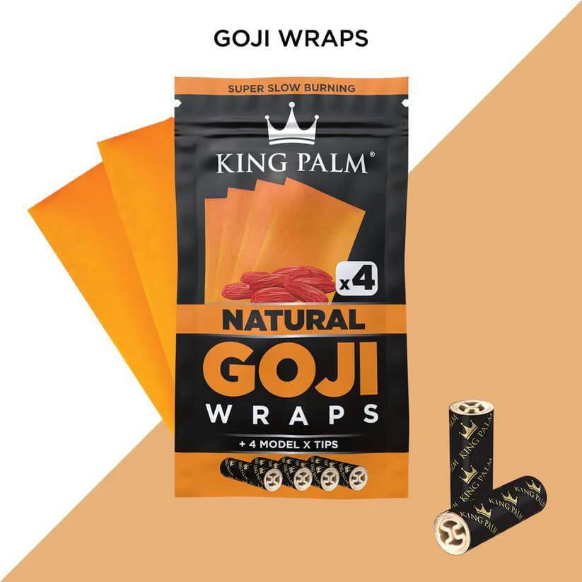 King Palm 4-pack mango-flavored Goji wraps with Model X tips, showcasing sustainable harvesting and super slow burning.