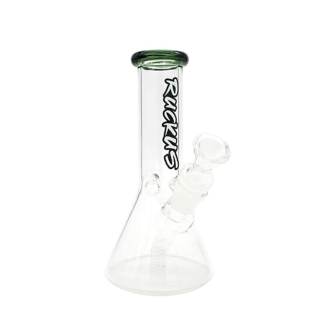 Ruckus Beaker 8" glass bong showcasing durable borosilicate design and smooth filtration for flower enthusiasts.