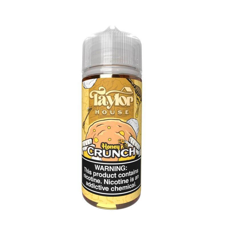 Taylor House E Liquids Honey Crunch flavor in a clear bottle with warning on nicotine content.