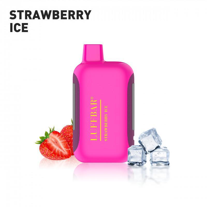 LUFFBAR Strawberry Ice disposable vape device with strawberries and ice cubes.