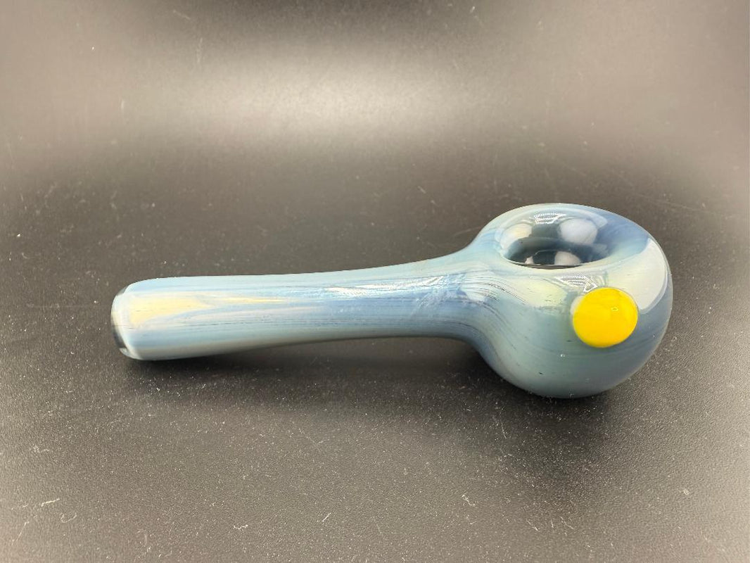 Filla John Glass large bowl spoon pipe in blue with yellow accent, handcrafted in Spokane, WA.
