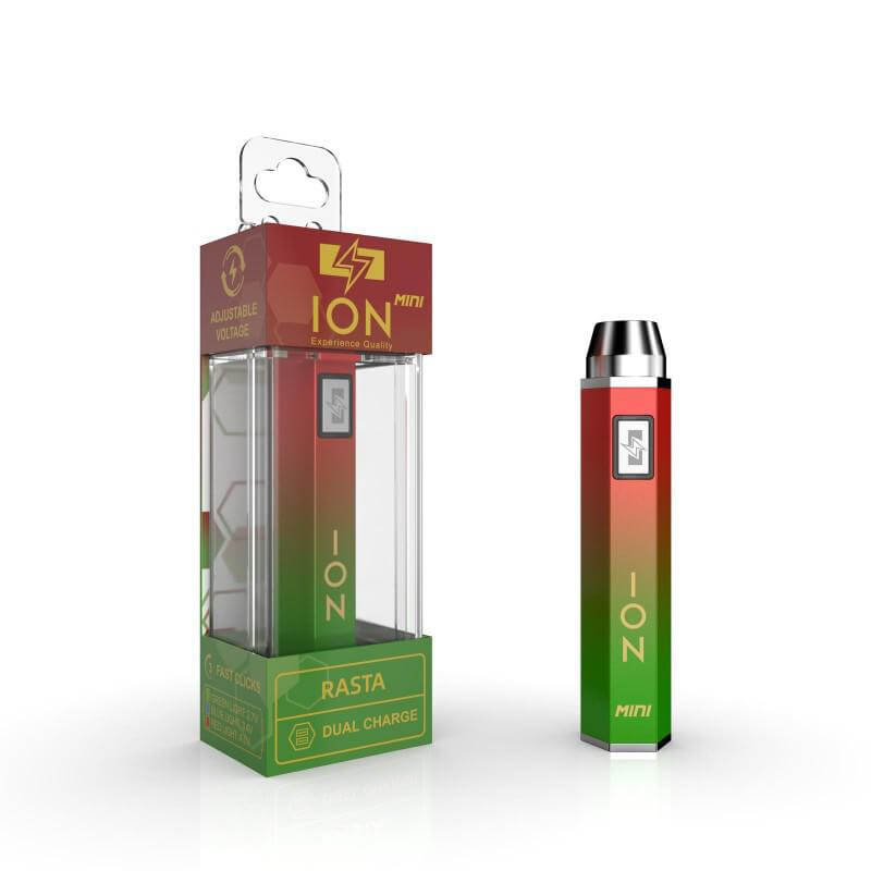 ION Mini Fusion 510 Battery in Rasta color with packaging, adjustable voltage vape pen for enhanced vaping experience.