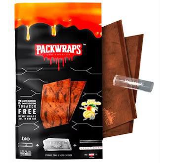 Packwraps Hemp Wraps packaging with two tobacco-free wraps and glass tip, ideal for enhancing smoking experiences.