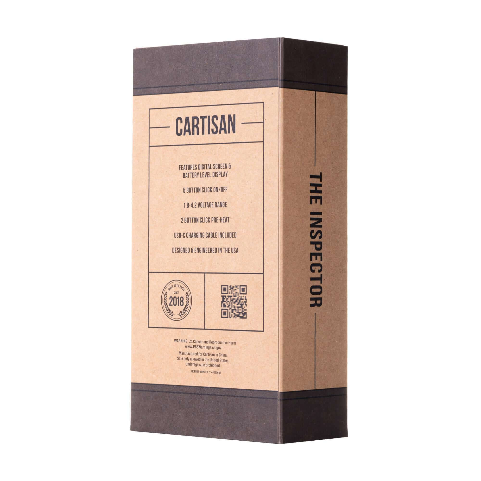 Cartisan The Inspector 510 Battery packaging showcasing features and stylish design for refined vaping.