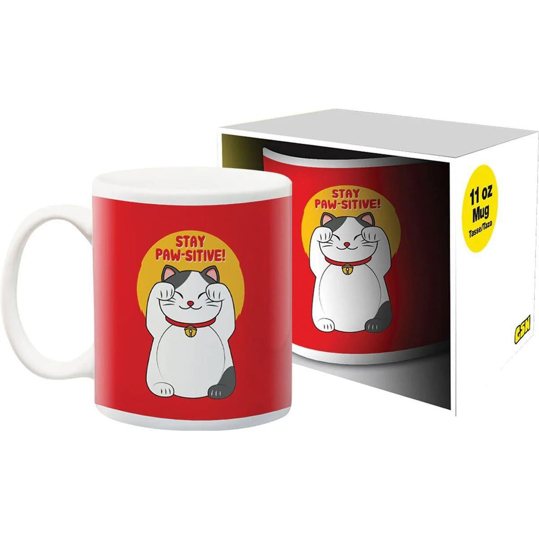 GSN 11oz Mug - Lucky Cat Stay Paw-sitive design with cute maneki-neko and uplifting message.