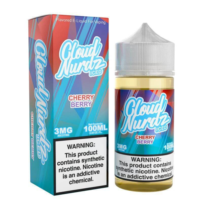 Iced Cloud Nurdz Cherry Berry e-liquid bottle and box, 100ml with warning labels for vaping.