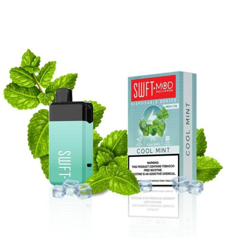 SWFT Mod 5k Disposable Vape in Cool Mint flavor with fresh mint leaves and menthol ice.