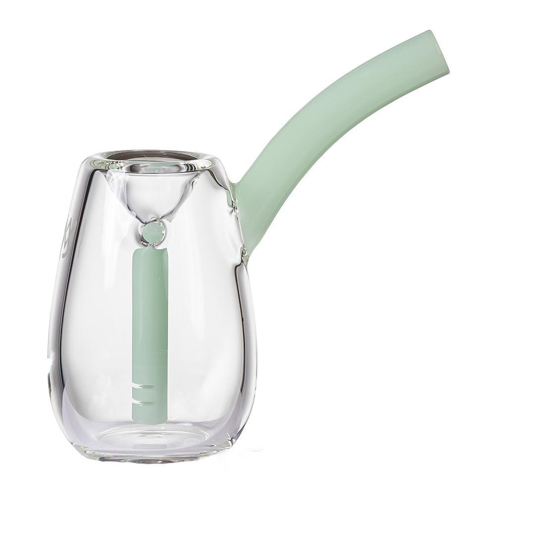 MJ Arsenal Flower Bubbler - Bulb in clear borosilicate glass with green accents, compact and portable design.