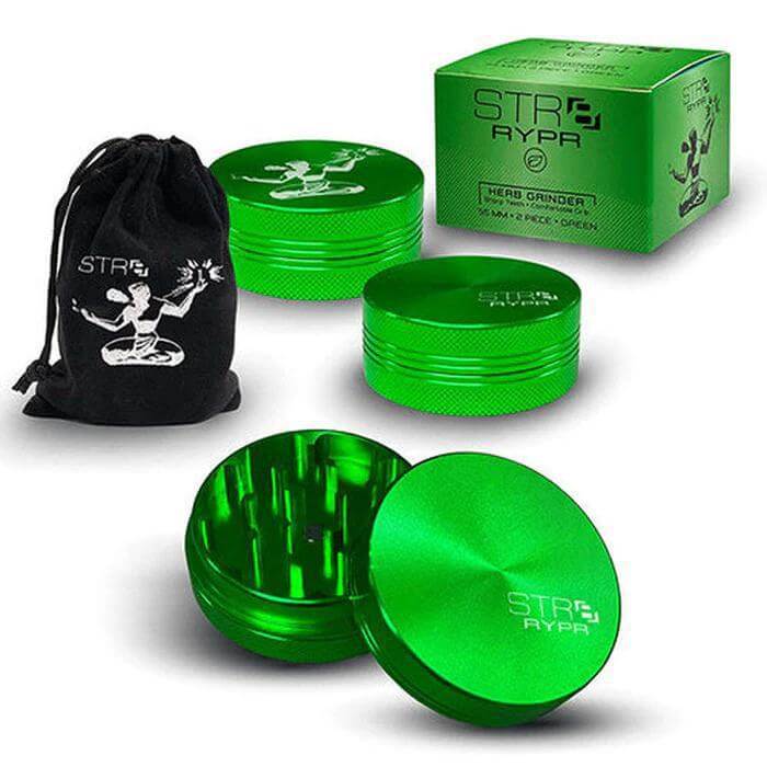 STR8 RYPR 40mm 2-piece herb grinder in green, with storage pouch and packaging displayed.