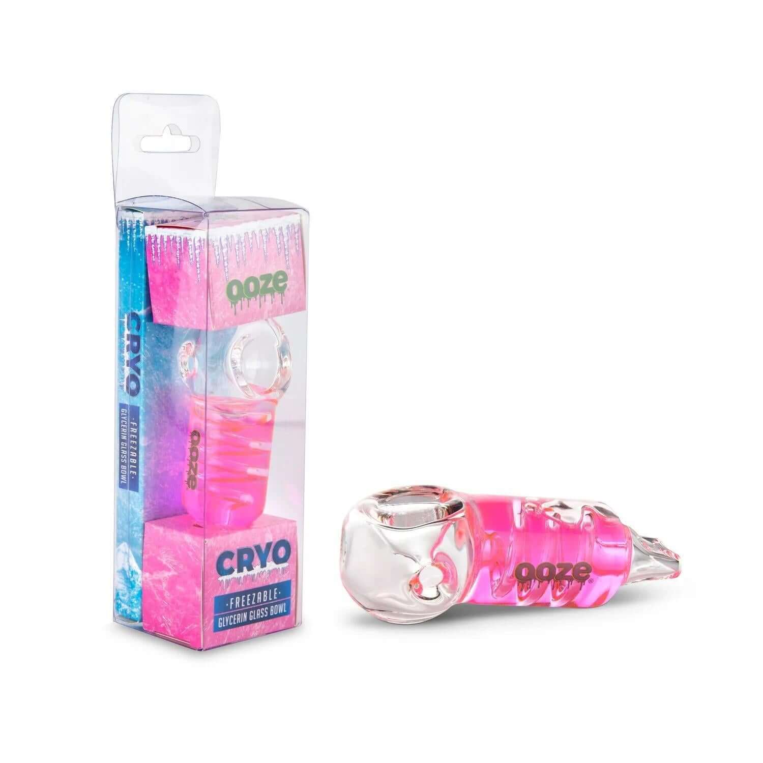 Ooze Cryo Freezable Glycerin Glass Hand Pipe in pink packaging for smooth, cool smoke sessions.