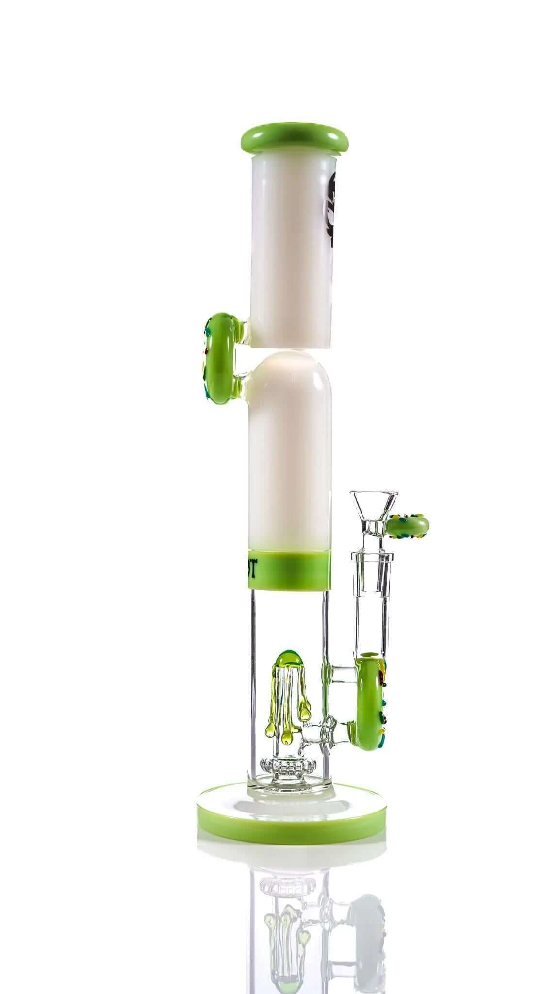 Toxic Glass 14" Double Donut Straight Shooter TX59 with green accents and double perc for smooth smoking.