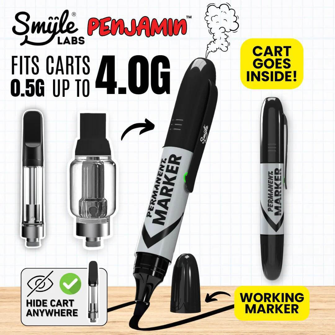 Smyle Penjamin Permanent Marker, fits cart sizes 0.5G to 4.0G for discreet aromatherapy storage.