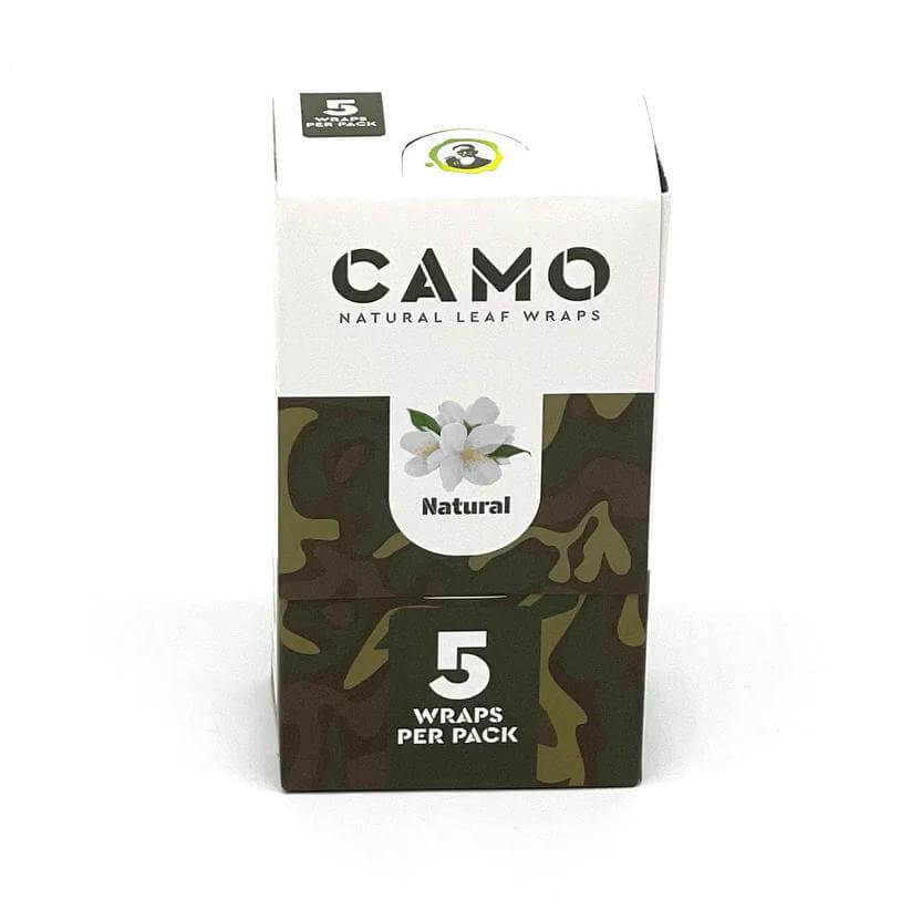 Camo Natural Leaf Wraps pack featuring 5 slow-burning herbal wraps, showcasing a camouflage design and floral logo.