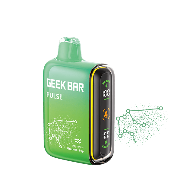 Geek Bar Pulse Zodiac Edition disposable vape in green, featuring Aquarius flavor and LED display.