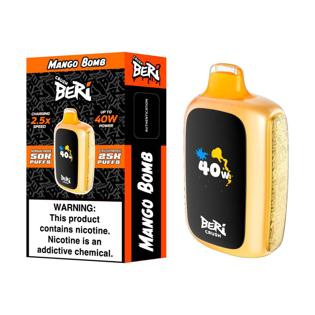 BERI CRUSH Mango Bomb Disposable Vape packaging and device showcasing 50K puffs, ultra-long-lasting flavor.