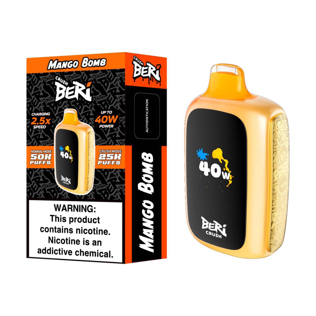 BERI CRUSH Mango Bomb Disposable Vape packaging and device showcasing 50K puffs, ultra-long-lasting flavor.