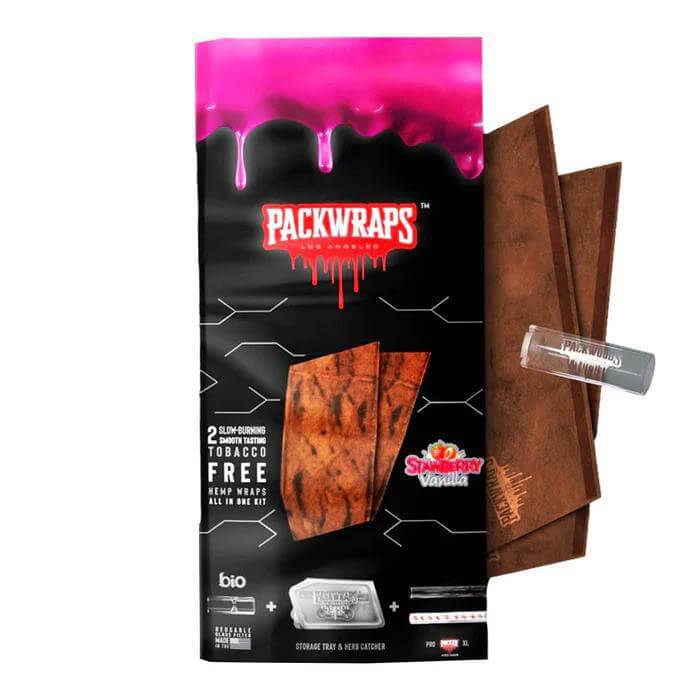 Packwraps Hemp Wraps Strawberry Vanilla with Glass Tip and Storage Tray, tobacco-free, two premium wraps